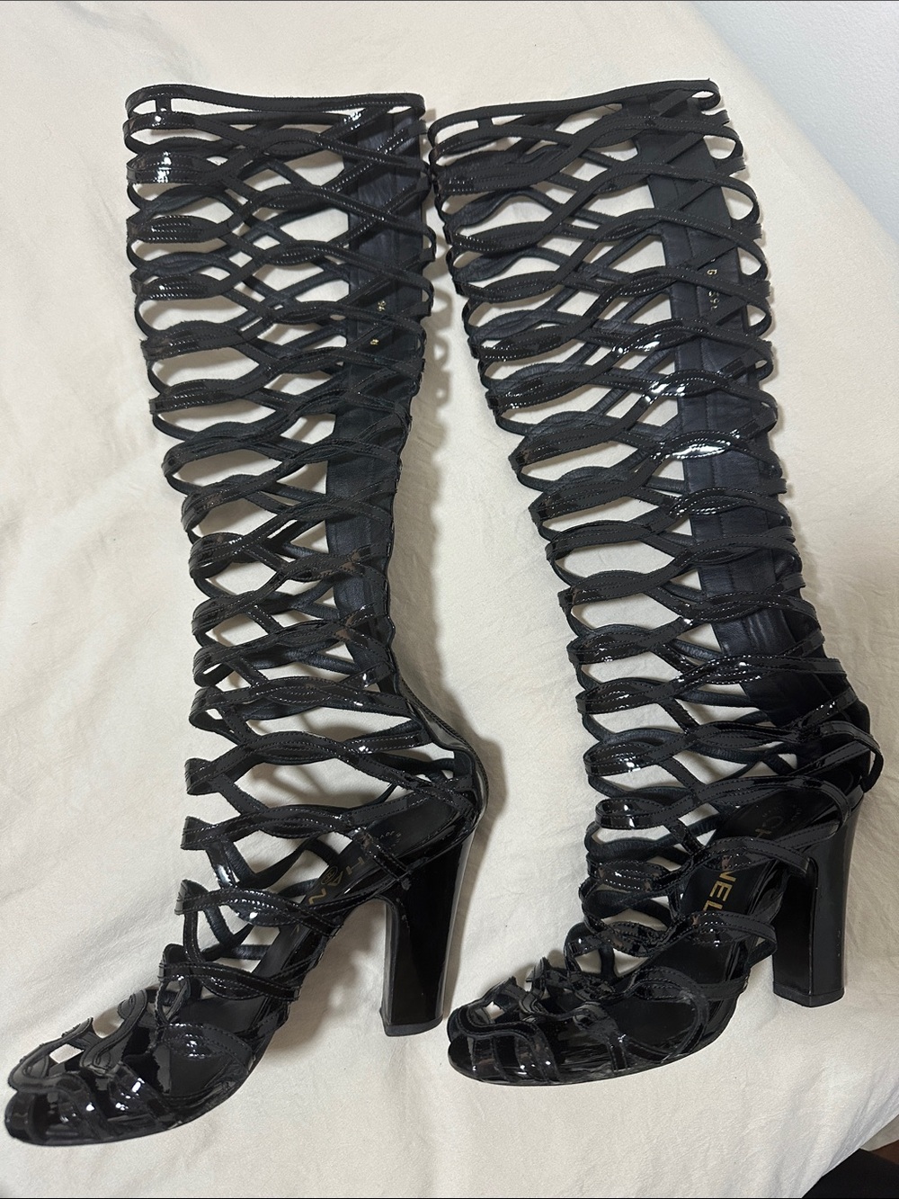 Chanel Black Strappy Knee-High Gladiator Heels - Women